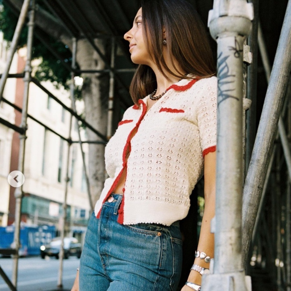 Doen Gloriana Alpaca Silk Collar Crochet Knit Button Sweater Top Moonstone Red - Picture 6 of 14
